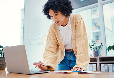 Buy stock photo Woman with laptop, notes and standing in office with admin documents, internet and ideas for freelance project. Remote work, web report and girl with computer, research paperwork and writing schedule