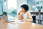 Office, planning and woman in wheelchair with paperwork at a desk with company report and internet research. Online, computer and female person with a disability and reading and thinking with data