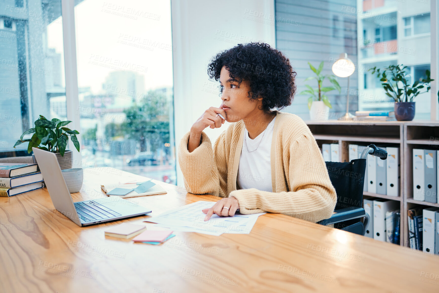 Buy stock photo Office, planning and woman in wheelchair with paperwork at a desk with report and internet research. Online, computer and female person with a disability inclusion and reading and thinking with data