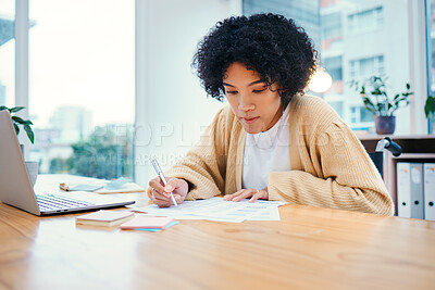 Buy stock photo Office, writing and woman in wheelchair with reading at a desk with company report and research. Planning, paperwork and female person with a disability and information for business and work