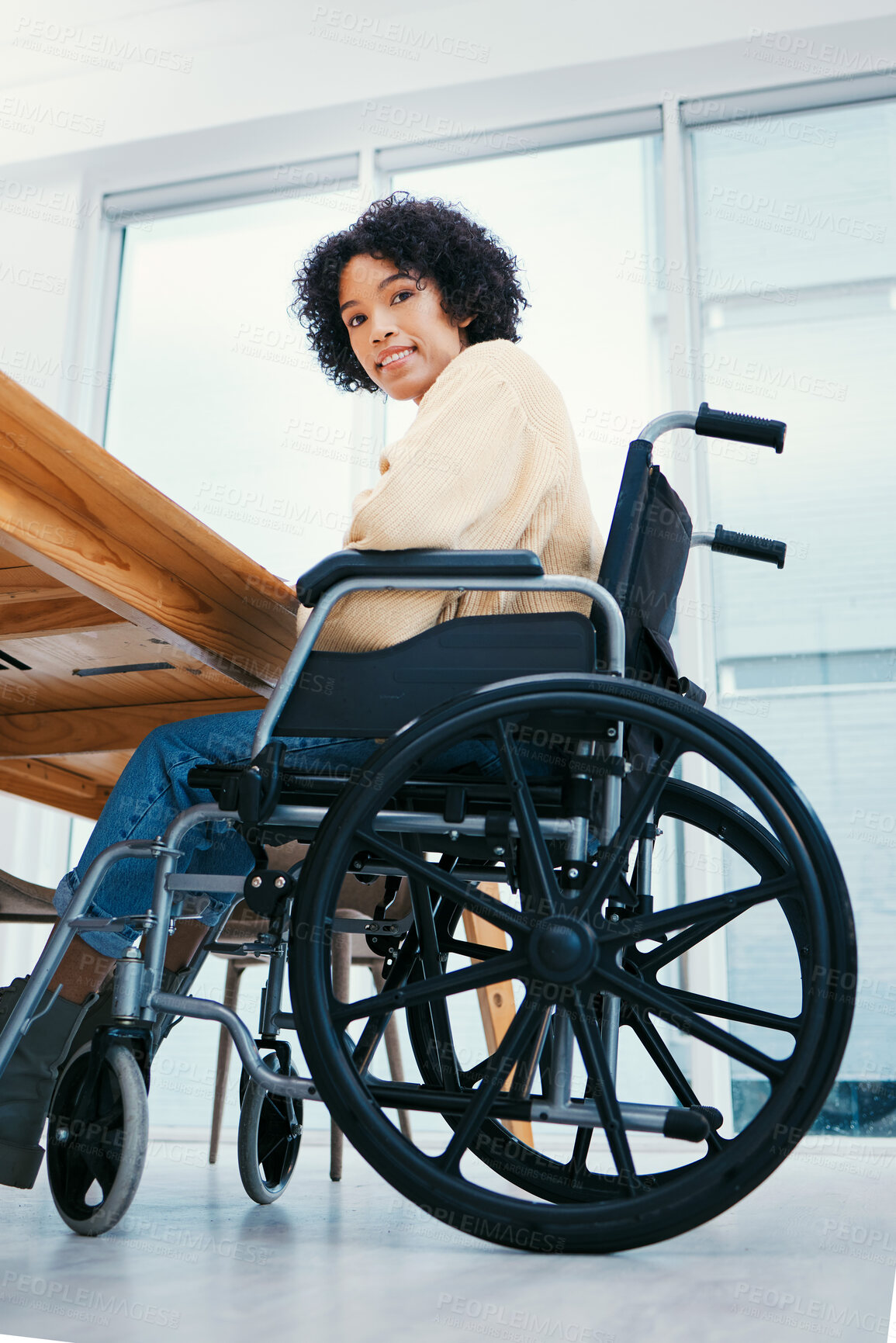 Buy stock photo Office, desk and portrait of woman in wheelchair for working on project, planning and report. Company, inclusive workplace and happy person with disability for job, career and work opportunity