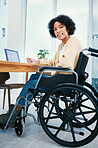 Office, smile and portrait of woman in wheelchair at desk on laptop working on project, report and research. Company, startup and person with disability on computer for internet, email and planning