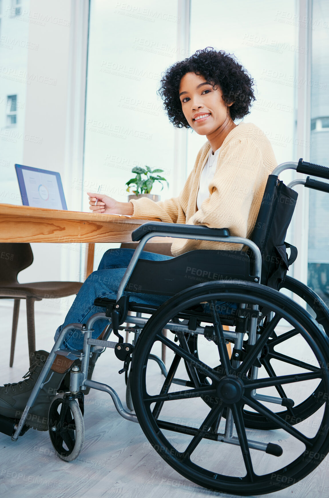 Buy stock photo Office, smile and portrait of woman in wheelchair at desk on laptop working on project, report and research. Company, startup and person with disability on computer for internet, email and planning