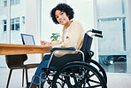 Office, happy and portrait of woman in wheelchair at desk on laptop working on project, report and research. Company, startup and person with disability on computer for internet, email and schedule