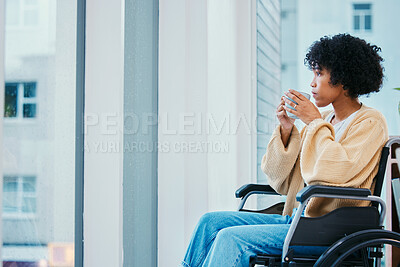 Buy stock photo Woman, drink coffee and window in wheelchair, thinking and ideas with memory in home for recovery from injury. Girl, tea cup and person with disability, choice or remember in morning rehabilitation