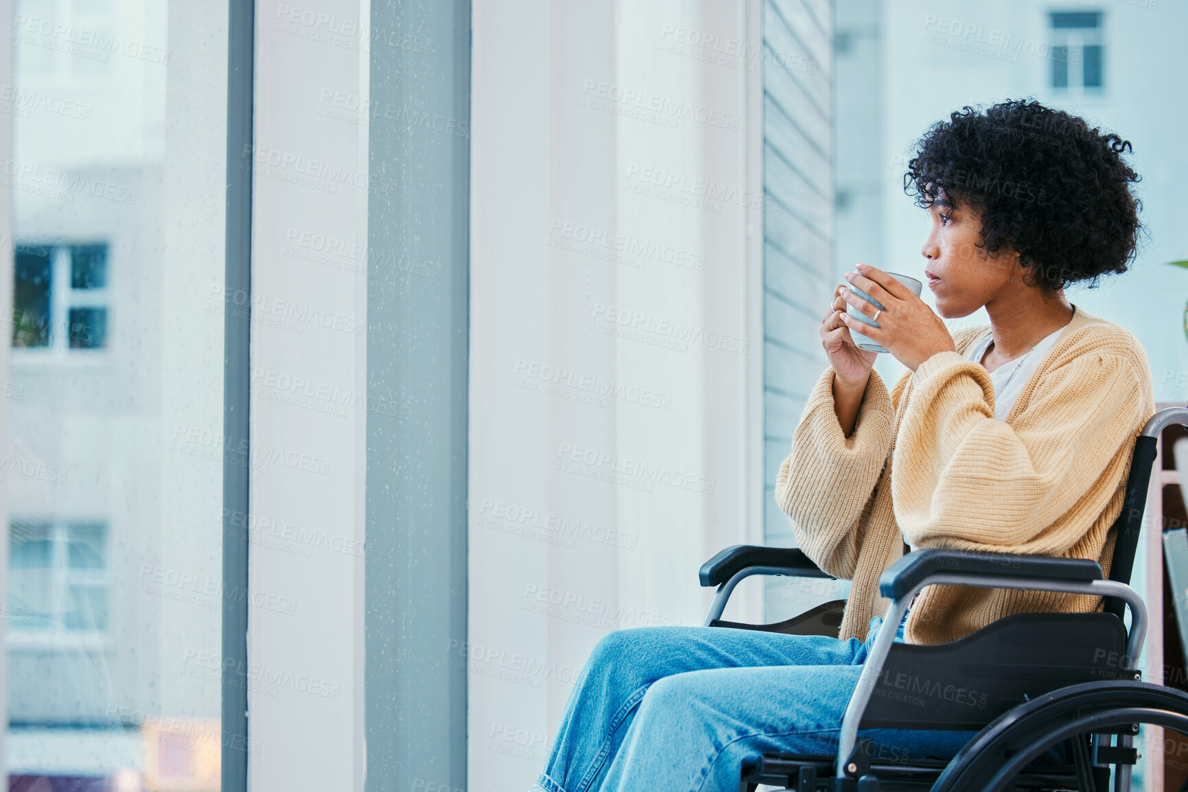 Buy stock photo Woman, drink coffee and window in wheelchair, thinking and ideas with memory in home for recovery from injury. Girl, tea cup and person with disability, choice or remember in morning rehabilitation