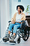 Phone call, talking and woman in a wheelchair in home with communication, chat or contact in apartment. Cellphone, discussion and frustrated person with a disability with customer service or crm