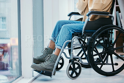 Buy stock photo Home, closeup and woman with a wheelchair, calm and accident with results, support and mobility. Person with disability, girl and patient with wellness, health and recovery with healing and apartment