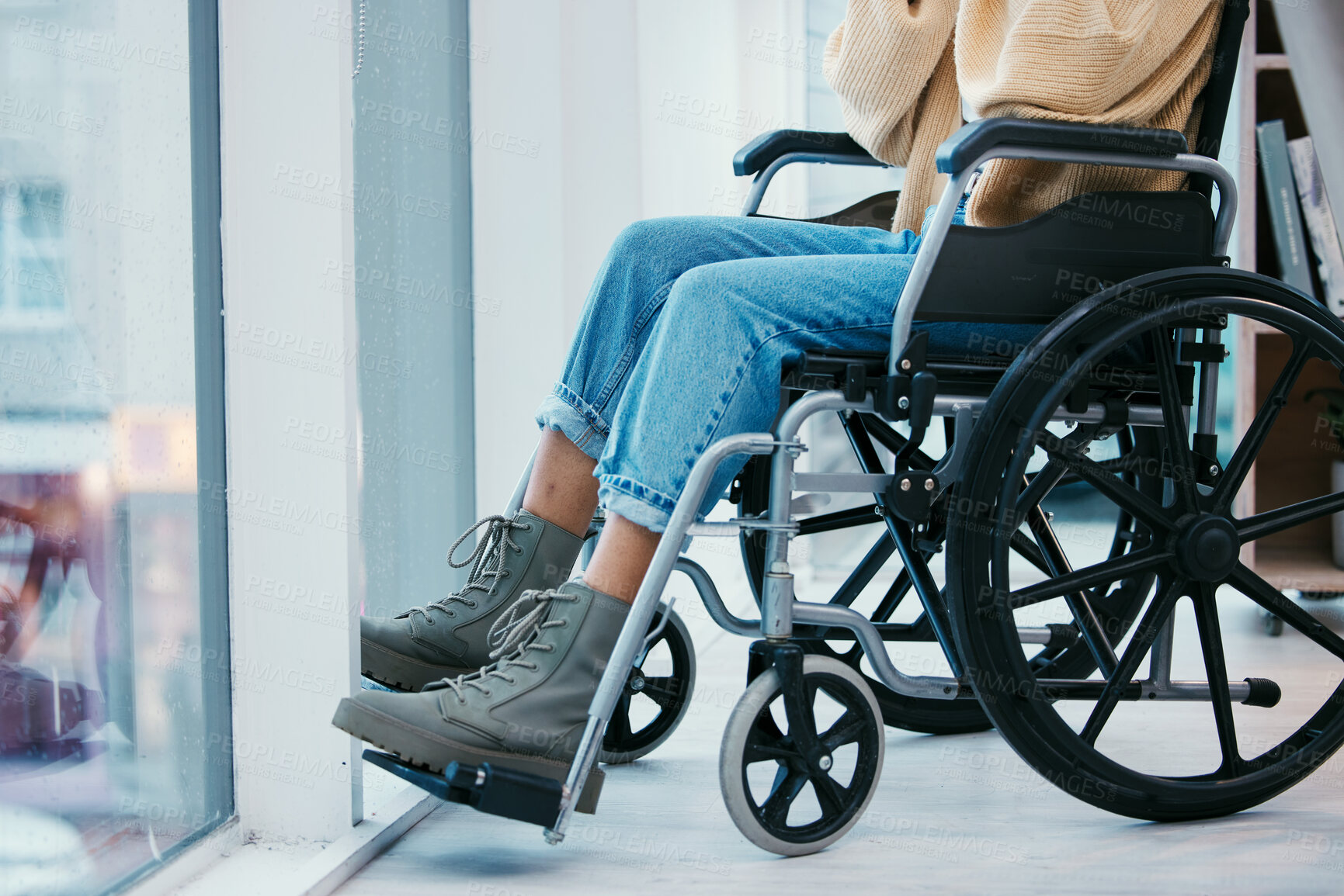 Buy stock photo Home, closeup and woman with a wheelchair, calm and accident with results, support and mobility. Person with disability, girl and patient with wellness, health and recovery with healing and apartment