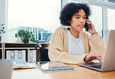 Buy stock photo Office, laptop and woman with phone call in wheelchair typing at a desk with company report. Online, computer and female person with a disability and mobile networking on a website with app analysis