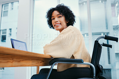 Buy stock photo Office, happy and portrait of business woman in wheelchair working on project, report and research. Company, startup and person with disability on computer for internet, email and schedule at desk