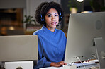 Computer, call center portrait and professional happy woman for customer service, telemarketing and help desk advice. Night tech support, contact us and advisory consultant smile for e commerce sales