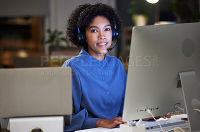 Buy stock photo Computer, call center portrait and professional happy woman for customer service, telemarketing and help desk advice. Night tech support, contact us and advisory consultant smile for e commerce sales