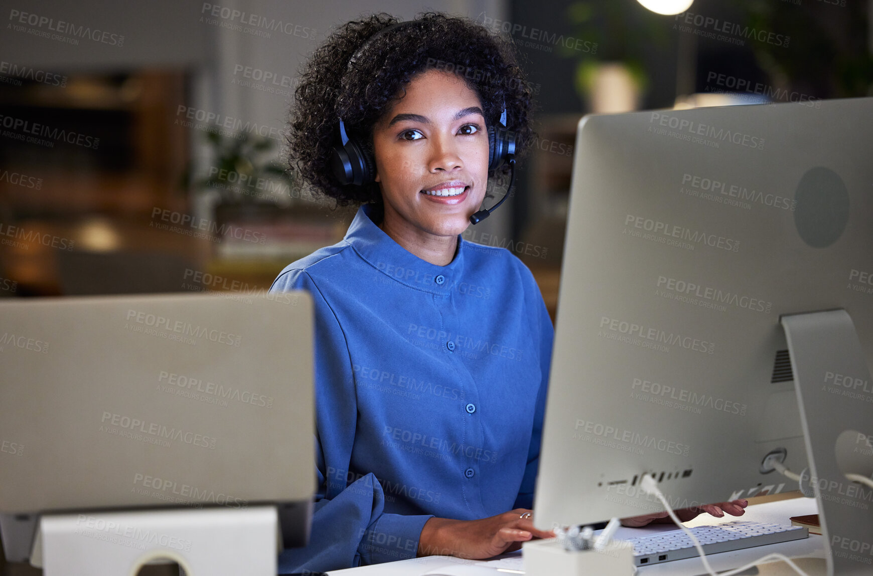 Buy stock photo Computer, call center portrait and professional happy woman for customer service, telemarketing and help desk advice. Night tech support, contact us and advisory consultant smile for e commerce sales