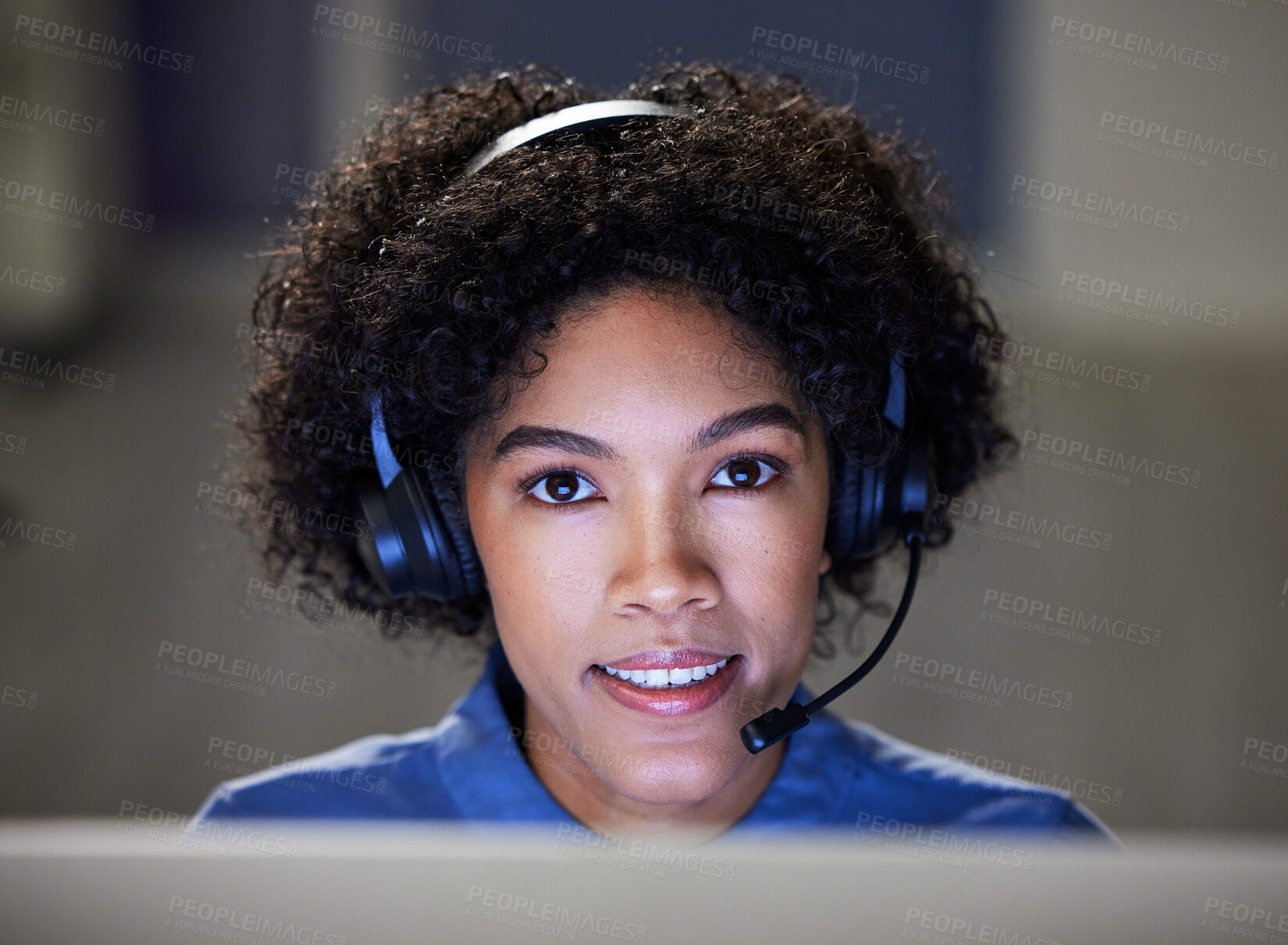 Buy stock photo Night, call center portrait or business woman for customer care outsourcing, lead generation and help desk service. Telemarketing face, contact us or bank consultant communication for ecommerce sales