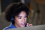 Computer, customer service headset and business woman consulting, talking and reading callcenter report, info or loan advice. Tech support face, night chat and agent telemarketing on web sales pitch