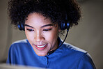 Computer, customer service face and business woman consulting, conversation and report bank account information. Technical support, night chat and insurance agent telemarketing on online sales pitch