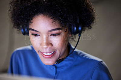 Buy stock photo Computer, customer service face and business woman consulting, conversation and report bank account information. Technical support, night chat and insurance agent telemarketing on online sales pitch