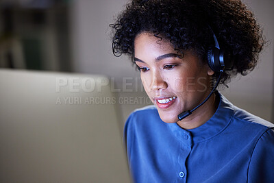 Buy stock photo Computer, customer care face and professional woman communication, contact center and reading lead generation info. Loan advisory, night callcenter and help desk person review CRM telecom services