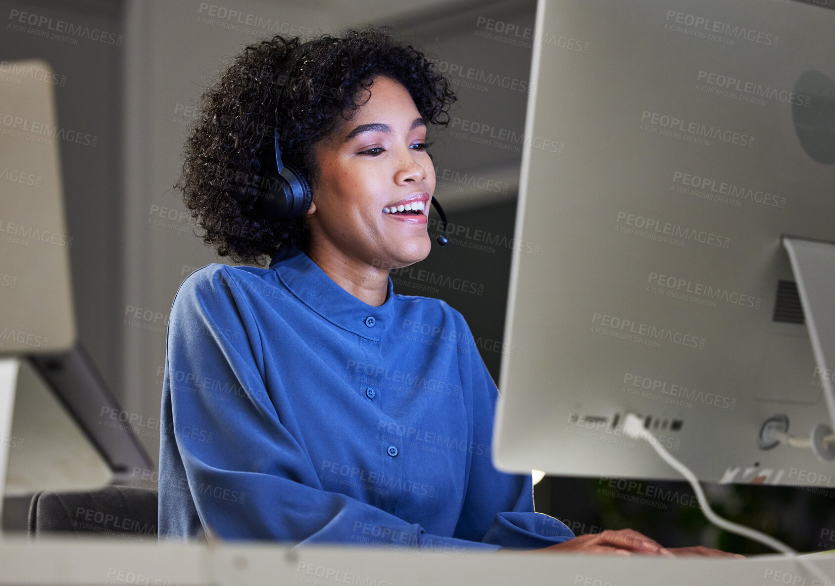 Buy stock photo Computer video call, customer service and night business woman communication, telemarketing or help desk advice. Online tech support, virtual meeting and advisory agent talking on ecommerce webinar