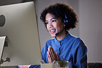 Computer video conference, customer support and professional woman consultation, discussion or conversation. Virtual meeting contact, call center or night consultant with thank you gesture on webinar