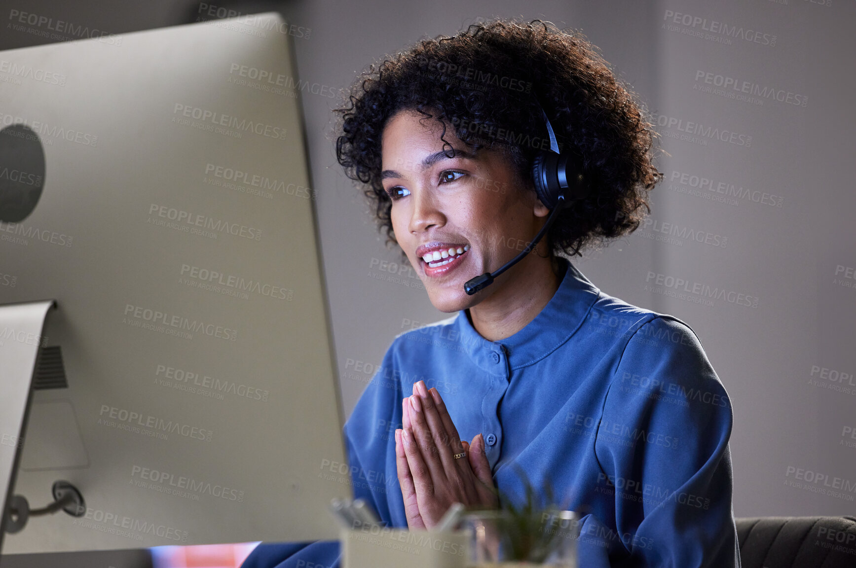 Buy stock photo Computer video conference, customer support and professional woman consultation, discussion or conversation. Virtual meeting contact, call center or night consultant with thank you gesture on webinar