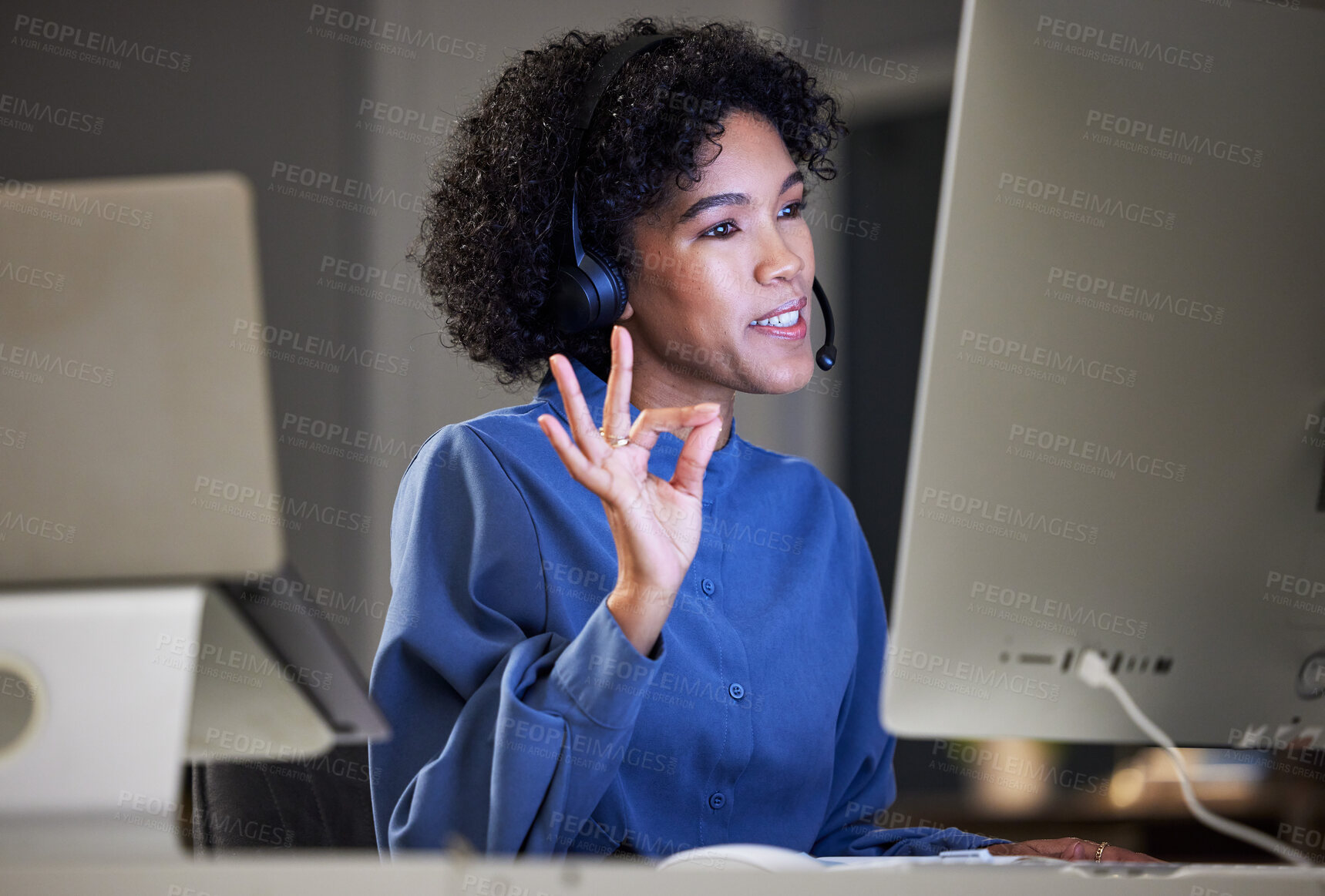 Buy stock photo Computer video call, call center and woman okay gesture for feedback consultation, perfect telemarketing or voting opinion. Virtual meeting, ok emoji sign and business person on online night webinar