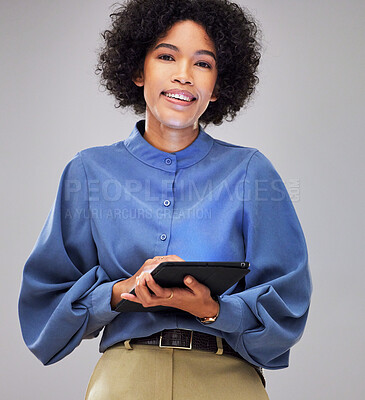 Buy stock photo Happy, portrait and business woman with tablet in studio for internet, search or planning on grey background. African, web and face of female entrepreneur with app for sign up, email or subscription