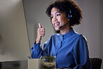 Computer video call, customer support and woman thumbs up for consultation advice, telemarketing agreement or vote opinion. Virtual meeting, emoji like sign and business agent on online night webinar