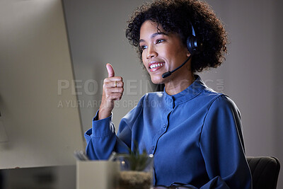 Buy stock photo Computer video call, customer support and woman thumbs up for consultation advice, telemarketing agreement or vote opinion. Virtual meeting, emoji like sign and business agent on online night webinar