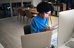 Woman with computer, writing schedule in notebook or agenda for online hr office administration. Calendar, diary or journal, girl at desk planning notes in book for time management in human resources