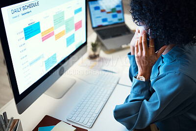 Buy stock photo Woman with computer, phone call and schedule in office for agenda, reminder and office administration. Online calendar, diary and cellphone, girl at desk planning spreadsheet for time management.