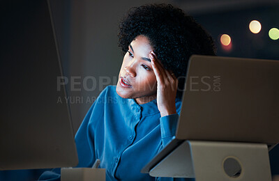 Buy stock photo Headache, night and business woman tired of overtime, deadline and work pressure with burnout and with frustration. Corporate, evening and employee with stress working late on a company computer