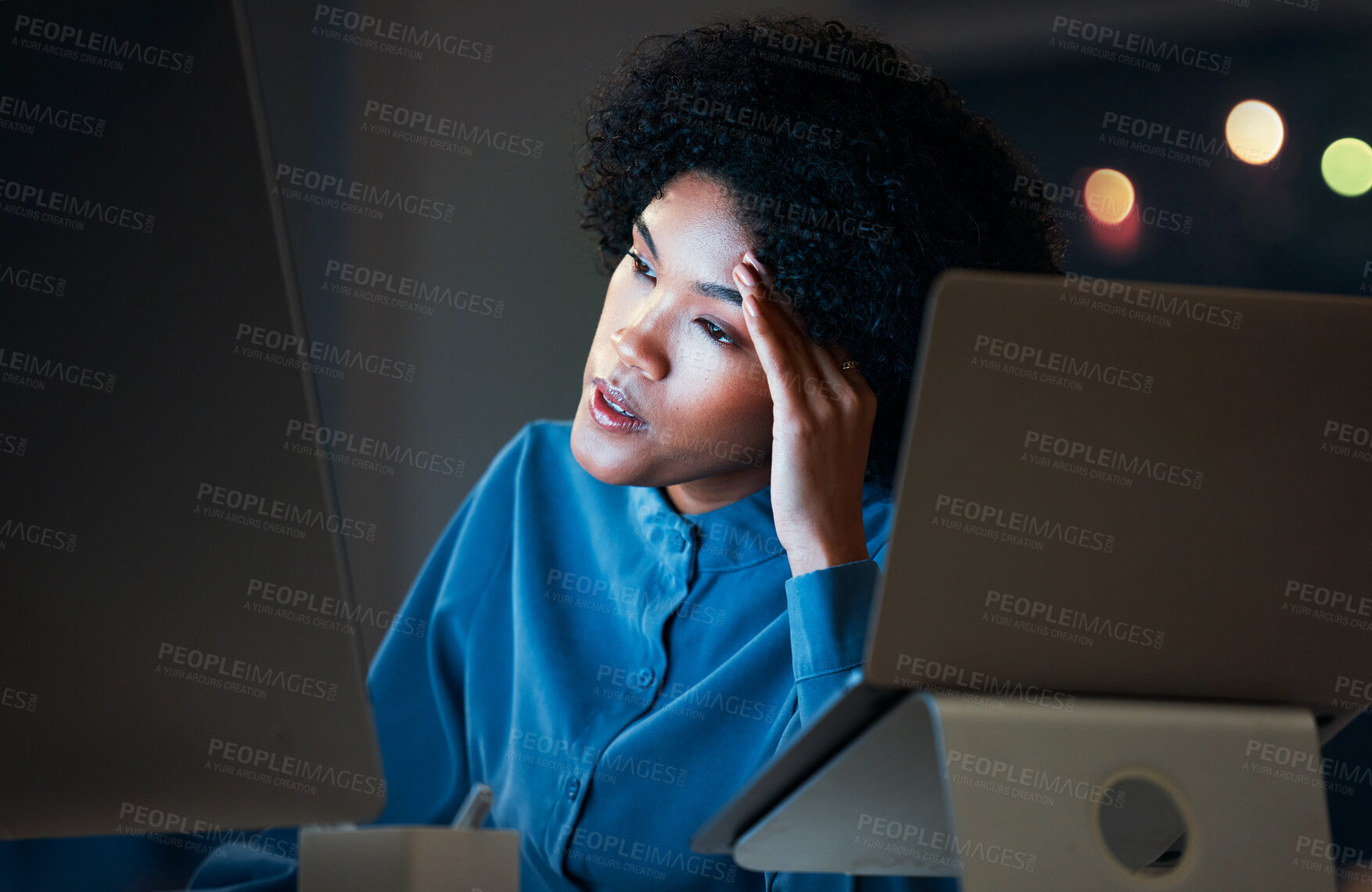 Buy stock photo Headache, night and business woman tired of overtime, deadline and work pressure with burnout and with frustration. Corporate, evening and employee with stress working late on a company computer