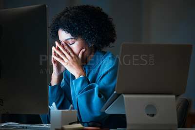 Buy stock photo Headache, night and business woman fail or tired of overtime, deadline and work pressure with burnout and muscle strain. Corporate, evening and employee with stress working late in a company