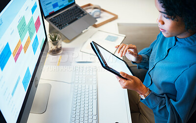 Buy stock photo Woman with computer, notebook and schedule in office, agenda and reminder for office administration. Online calendar, charts and girl at desk planning spreadsheet for time management with high angle.