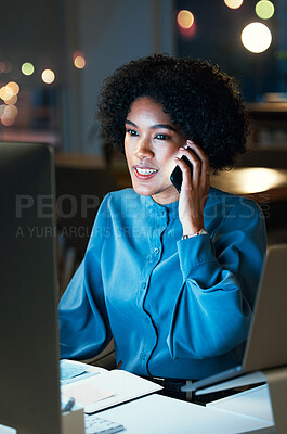 Buy stock photo Woman at desk, phone call and computer for schedule, agenda and reminder for admin at night. Communication, smartphone and girl planning productivity for time management in dark office at startup.