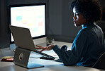 Woman with laptop, night and checking schedule, agenda and reminder for office administration. Online calendar, diary and girl at dark desk planning spreadsheet for time management on computer screen