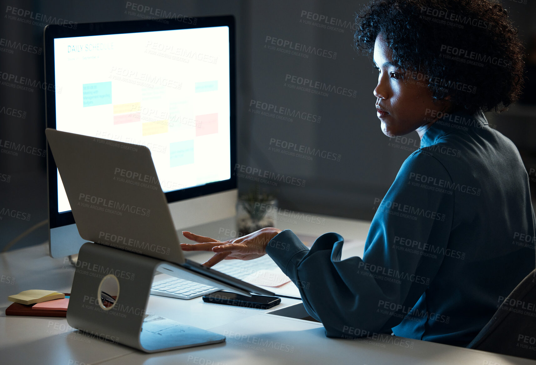 Buy stock photo Woman with laptop, night and checking schedule, agenda and reminder for office administration. Online calendar, diary and girl at dark desk planning spreadsheet for time management on computer screen