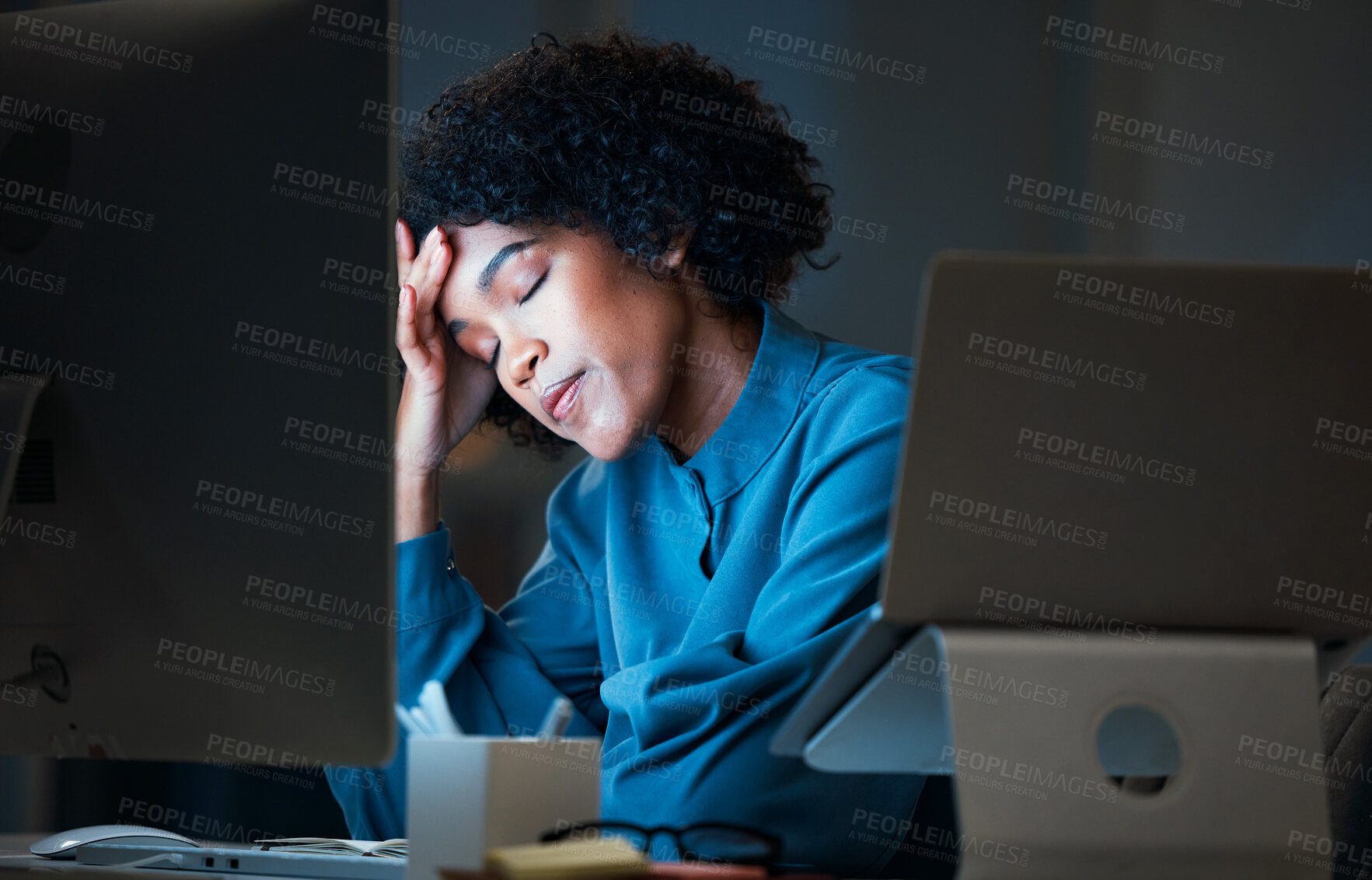 Buy stock photo Stress, night and business woman tired of overtime, deadline and work pressure with burnout and muscle strain. Corporate, evening and employee with mistake or fail working late on company computer