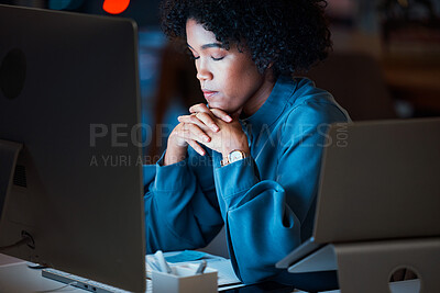 Buy stock photo Business woman, tired and stress in night by computer for deadline, proposal or finance report in modern office. Accountant, fatigue and burnout with pc, crisis or problem solving in dark workplace