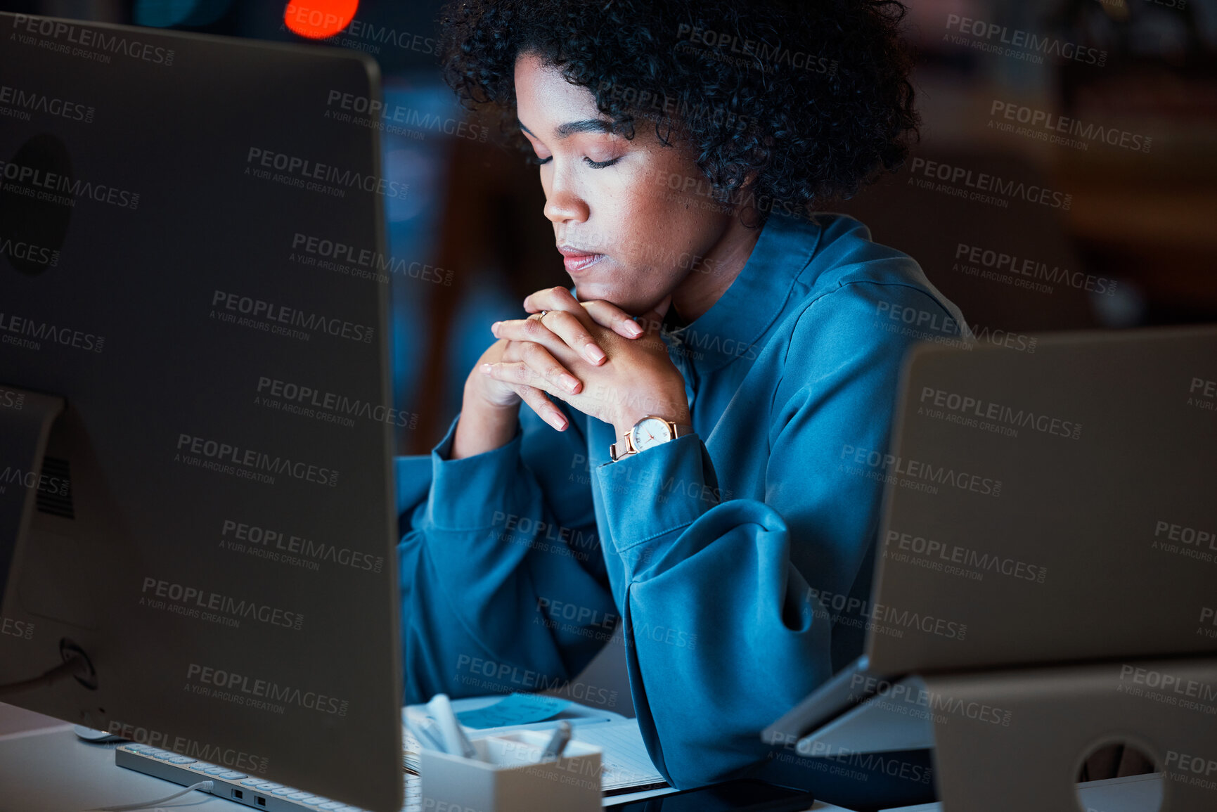 Buy stock photo Business woman, tired and stress in night by computer for deadline, proposal or finance report in modern office. Accountant, fatigue and burnout with pc, crisis or problem solving in dark workplace