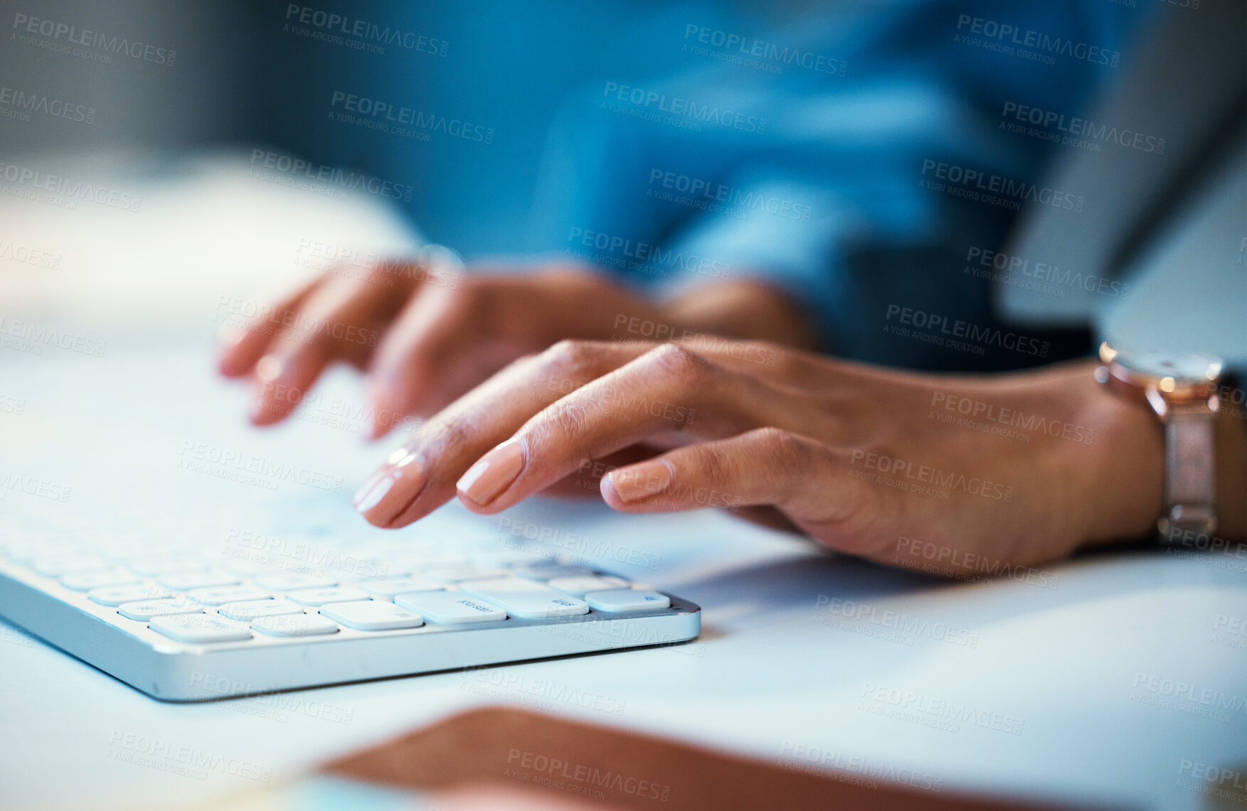 Buy stock photo Keyboard, email marketing and hands of employee typing and working online for company website and doing research. Closeup, web and entrepreneur writing a project with deadline and information