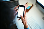 Woman, hands and phone screen for social media, communication or networking on mockup at office. Closeup of female person typing with mobile smartphone display, app or online search at workplace