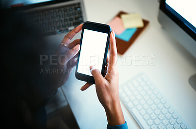 Buy stock photo Woman, hands and phone screen for social media, communication or networking on mockup at office. Closeup of female person typing with mobile smartphone display, app or online search at workplace