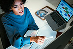 Woman with computer, notebook and checking schedule, agenda and reminder for office administration. Online calendar, diary and girl at desk planning spreadsheet for time management with high angle.