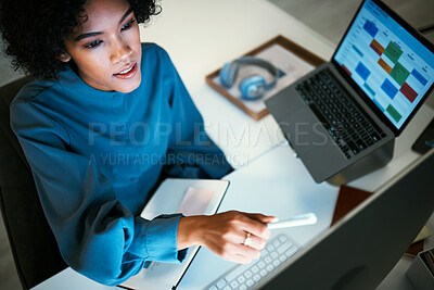 Buy stock photo Woman with computer, notebook and checking schedule, agenda and reminder for office administration. Online calendar, diary and girl at desk planning spreadsheet for time management with high angle.