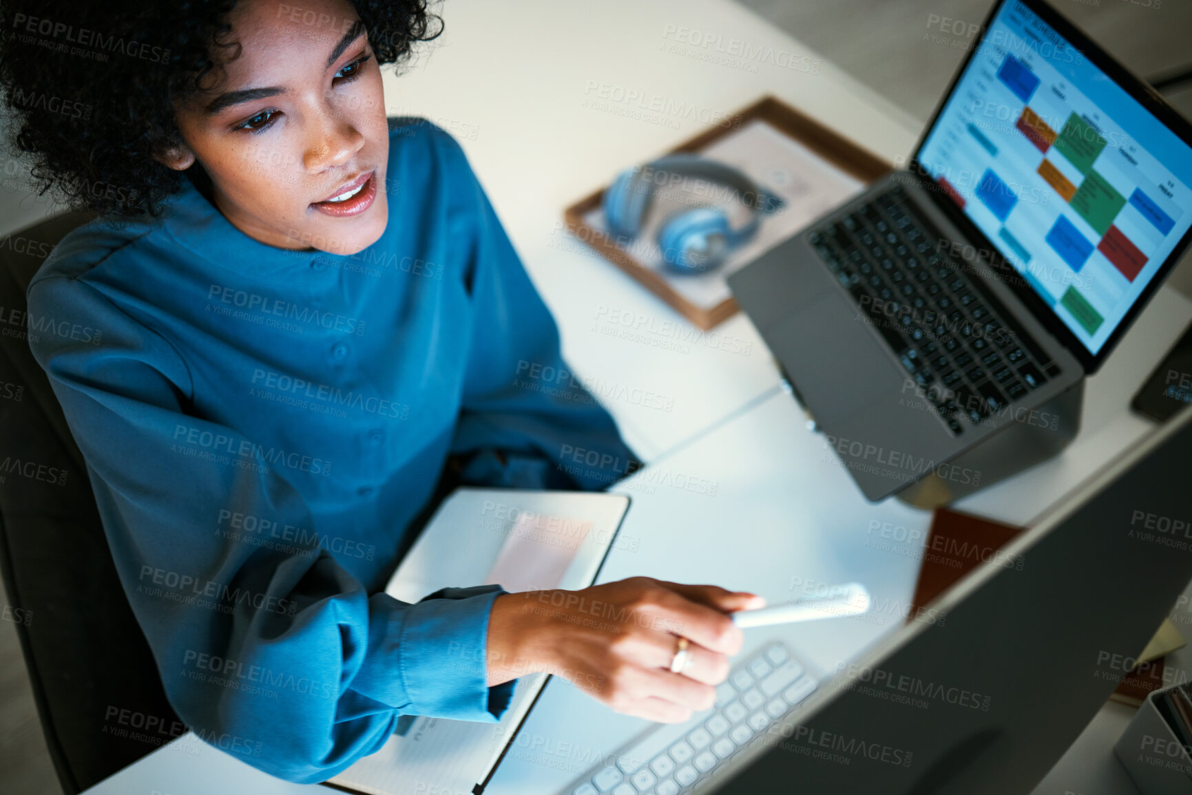 Buy stock photo Woman with computer, notebook and checking schedule, agenda and reminder for office administration. Online calendar, diary and girl at desk planning spreadsheet for time management with high angle.