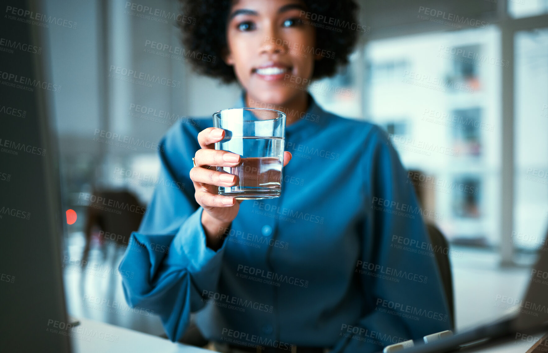 Buy stock photo Woman, glass and water in portrait, office and smile for hydration, wellness and pride at finance company. Accountant, natural drink and happy for nutrition, diet or detox for health in workplace