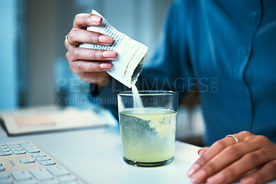 Buy stock photo Medicine, water and business person with effervescent in office for wellness, health drink and vitamins. Healthcare, corporate and hands of worker with powder, supplement and medical relief in glass